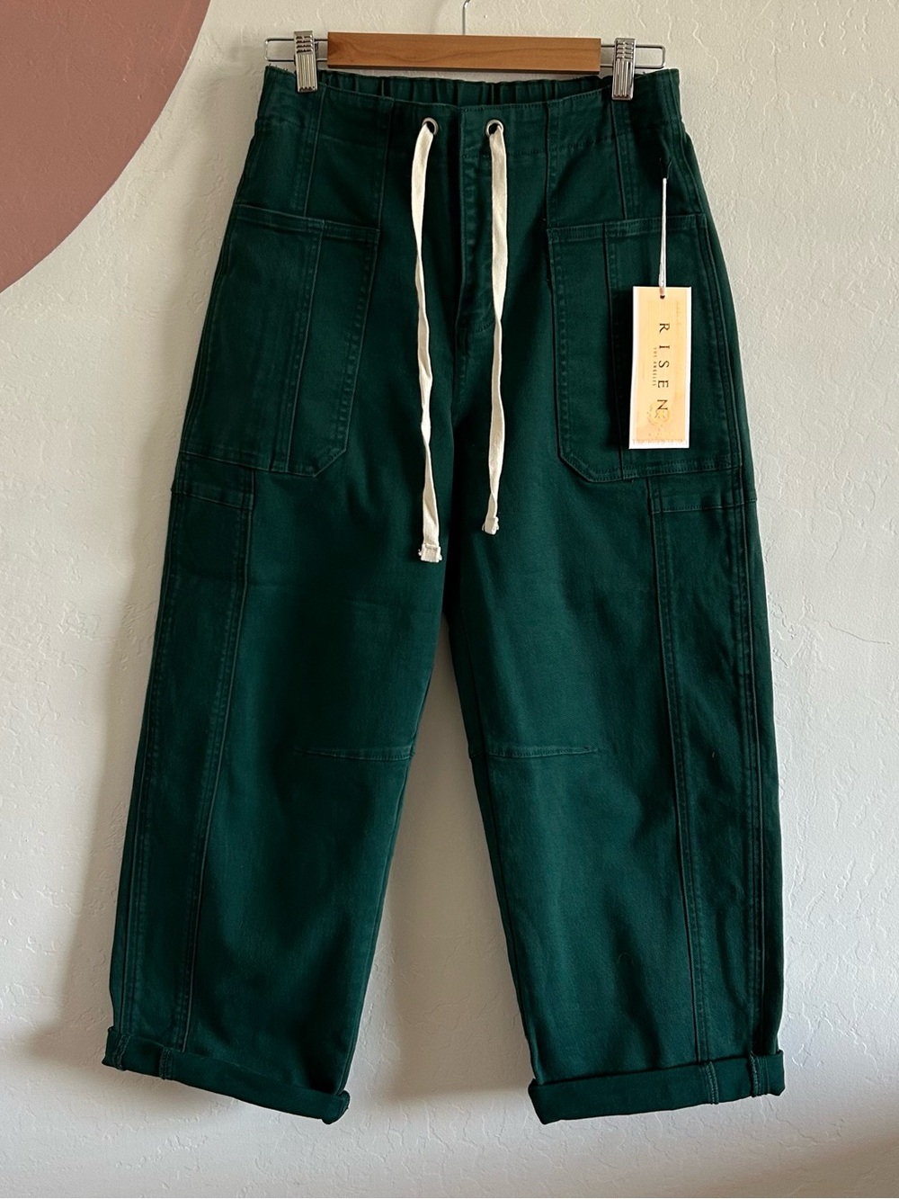 Risen Dark Green High Rise Crop Wide Barrel Pocket Pants with Drawstring Waist.